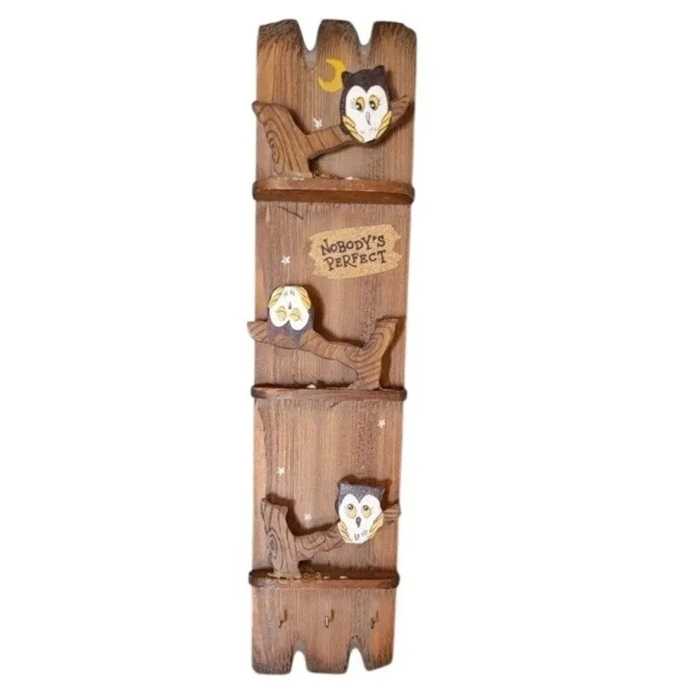 Vintage 1970s Night Owl 3-Teir Wood Wall Letter Key Holder Rack